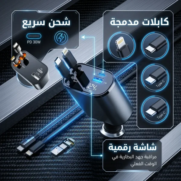 شاحن السيارة السريع 4 في 1 القابل للسحب